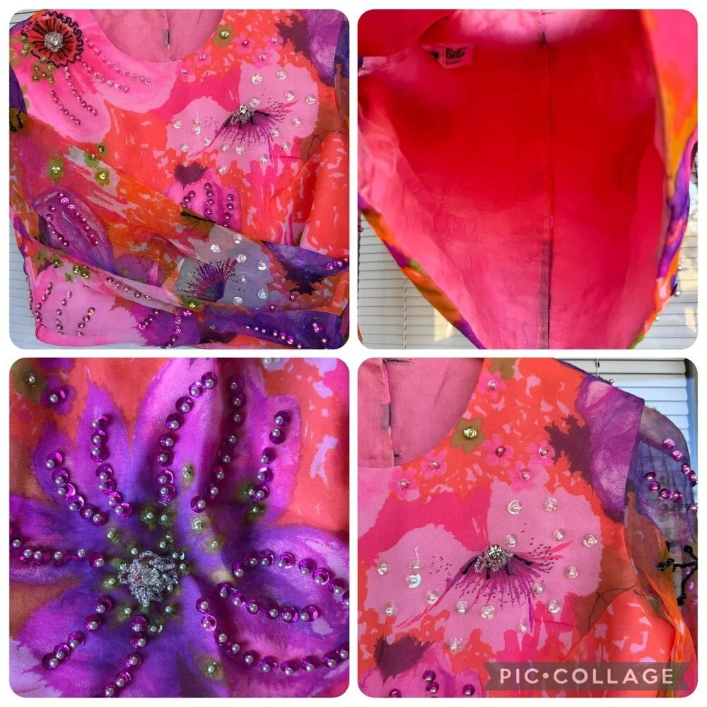 Miss Elliette California Hand-Beaded Floral Crop Blouse Sheer Sleeves Vtg 60s - Picture 4 of 16